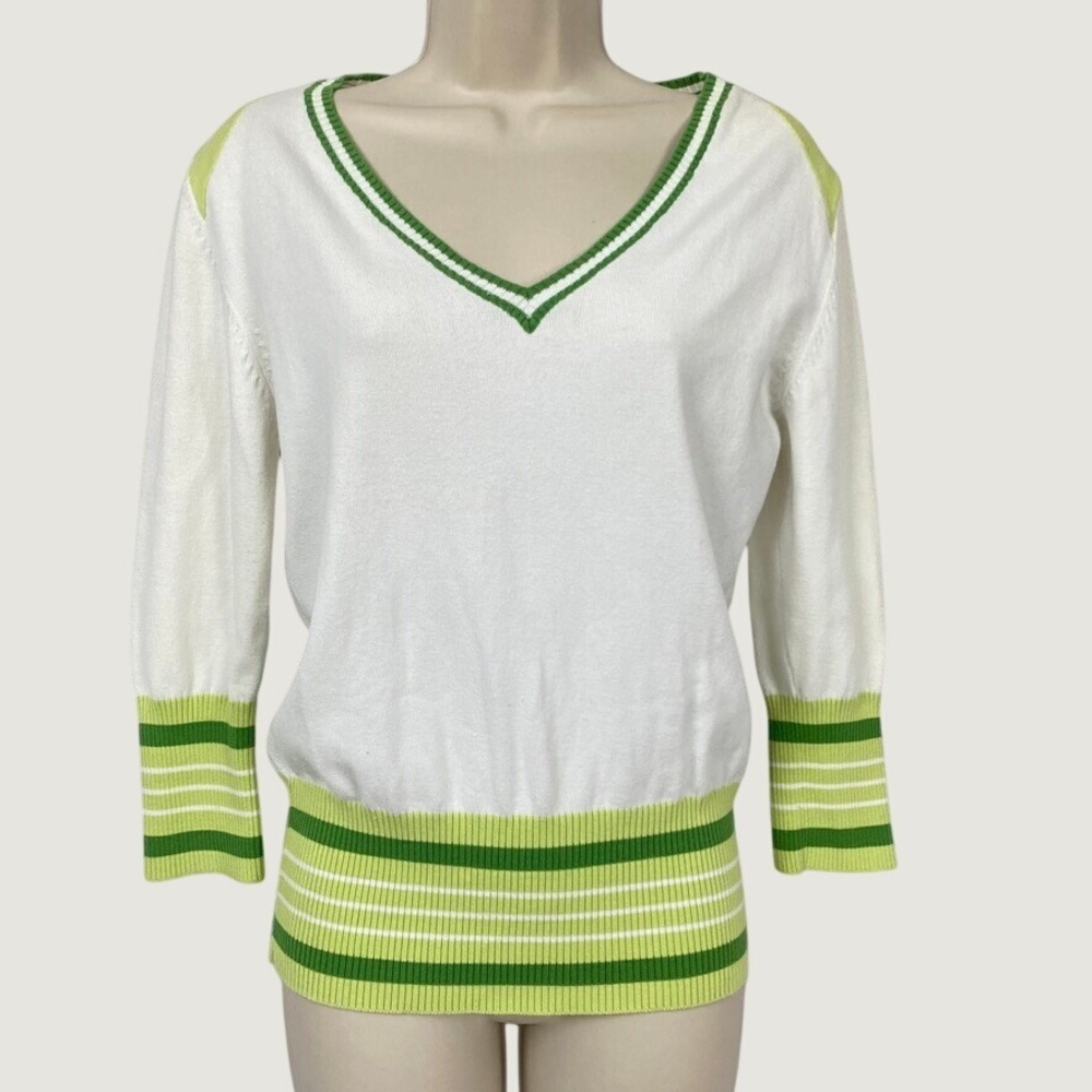 Lija Sweater Womens Large White Green Striped Preppy Golf Tennis Prep V Neck